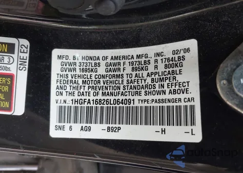 2006 Honda Civic Ex z USA, uszkodzony, nr VIN 1HGFA16826L064091